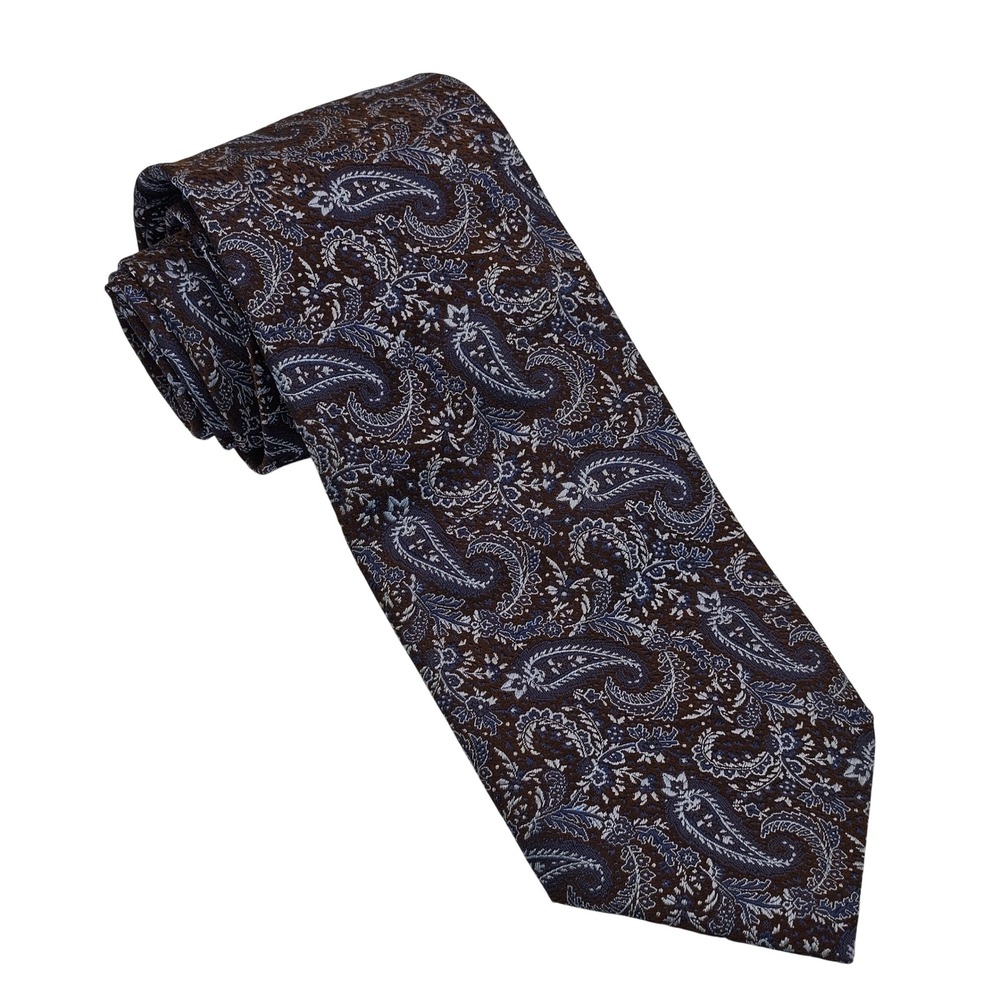 Canali Silk Tie Brown‎ Blue Paisley Italian Luxury Designer Business Formal